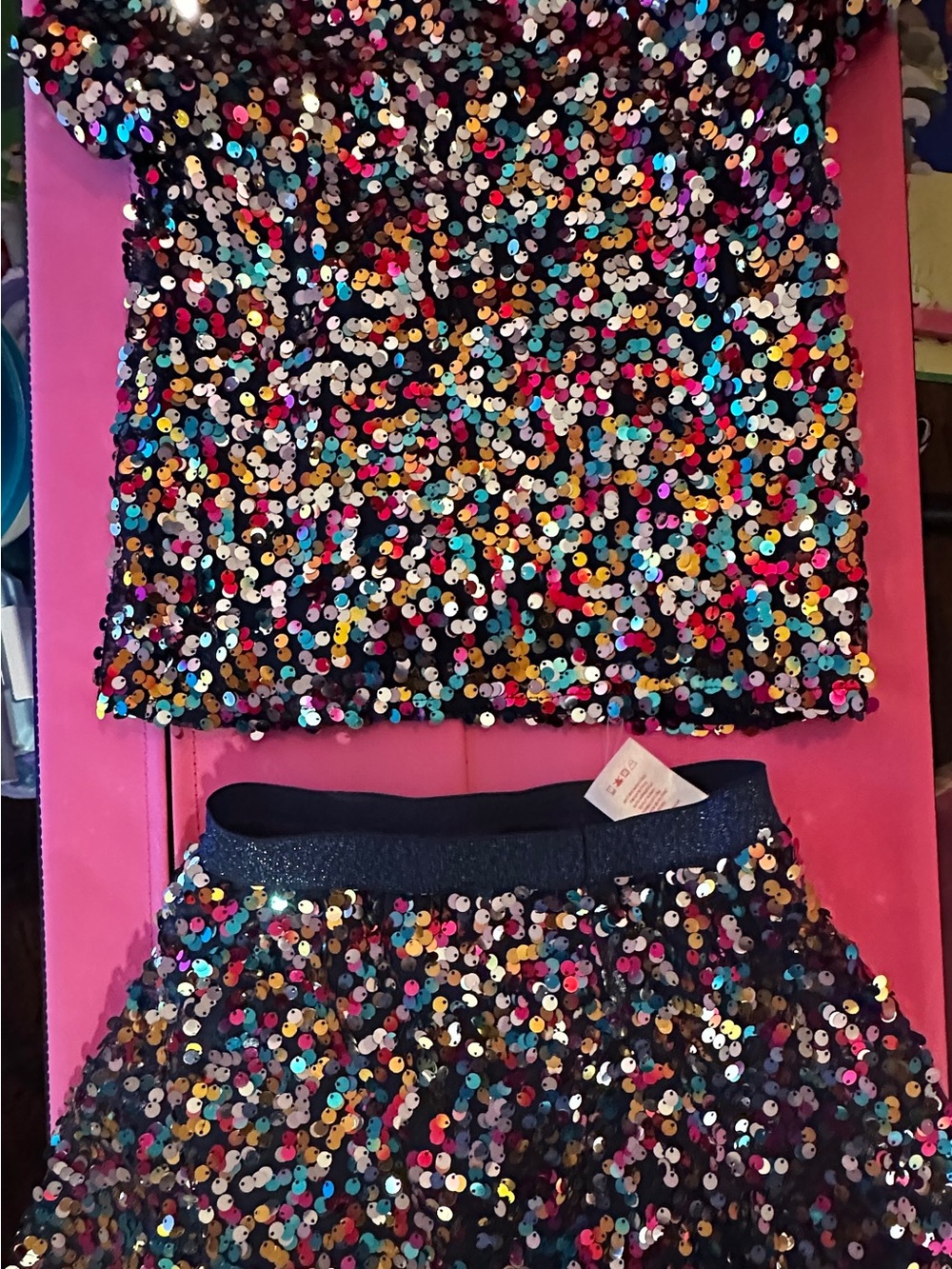 Kids Black Multicolor Sequin Matching Set - Sparkle Top & Skirt